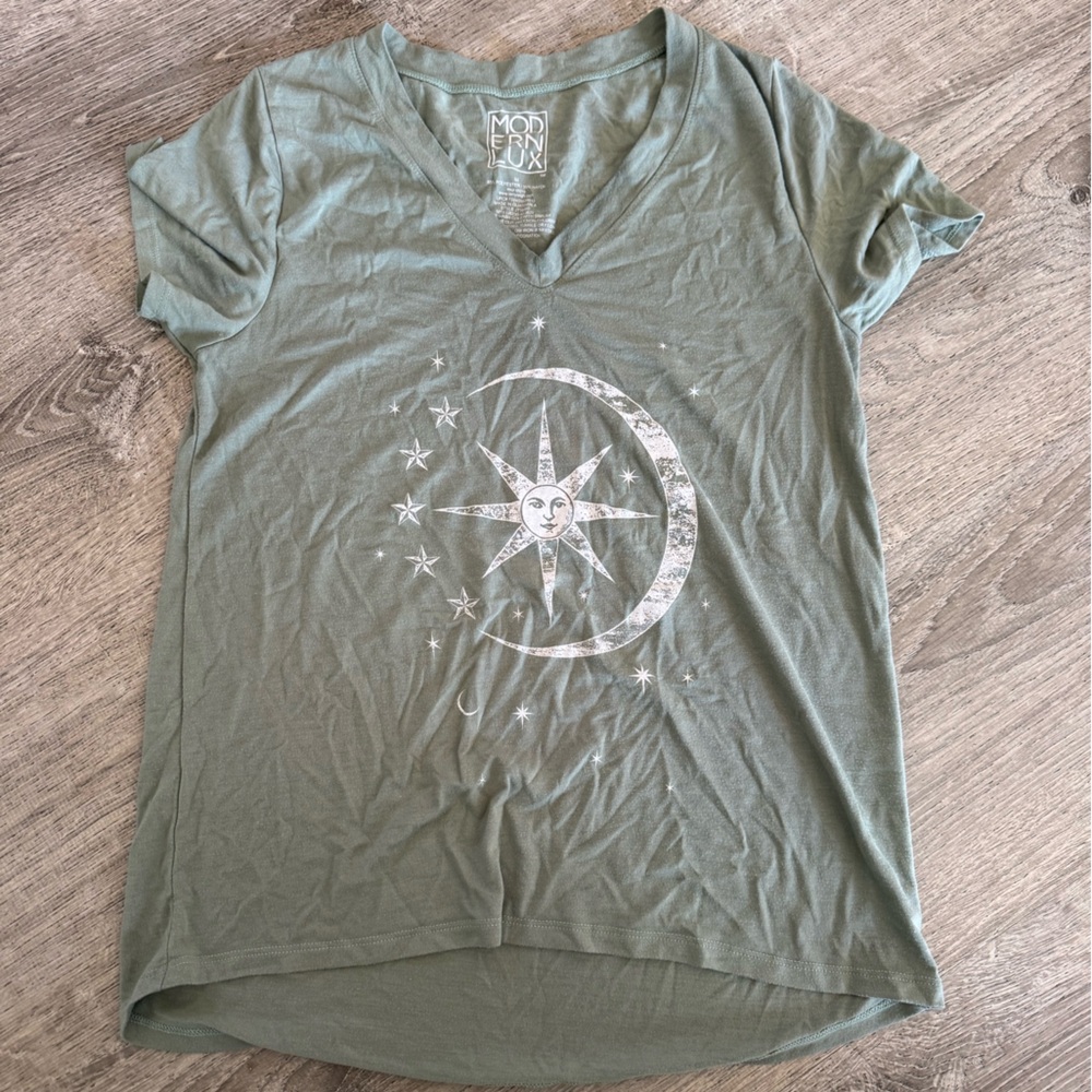Modern Lux Olive Green V-Neck Tee with Crescent Moon & Star Graphic